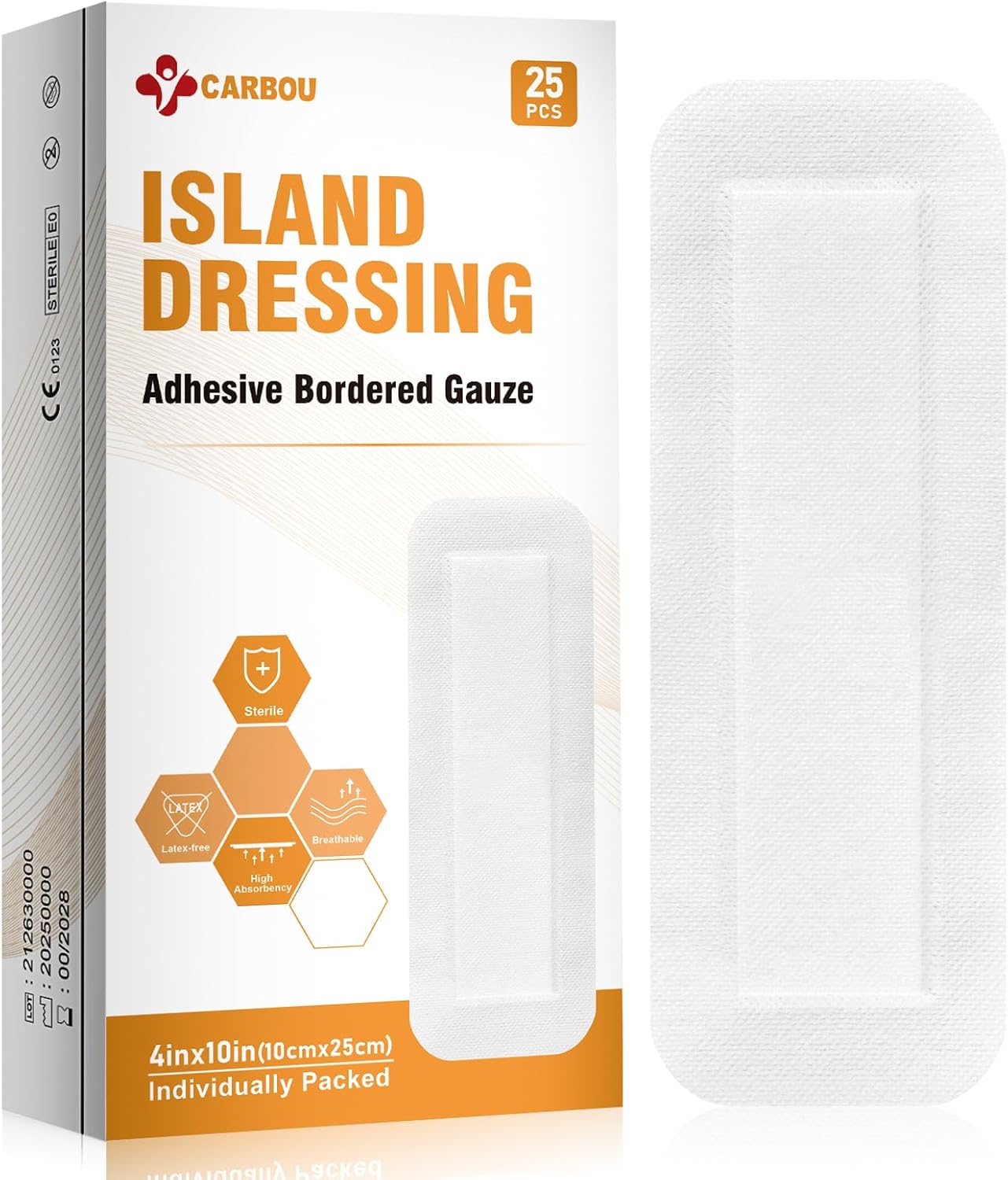 Carbou Island Dressing Bordered Gauze 4"x10" - 25 Sterile Individually Wrapped Pads | Non-Stick Center with Water-Resistant Adhesive Border | Medical Grade Non-Woven Backing for Wound Care & First Aid