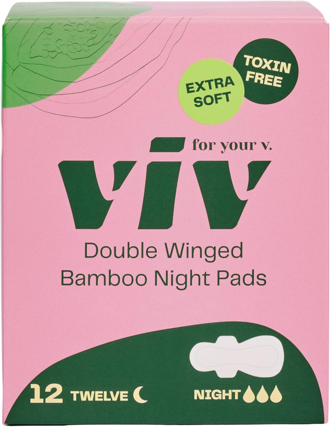 Viv for Your V Bamboo Organic Overnight Pads for Women | Soft, Absorbent Sanitary Pads with Wings for Women Overnight | Unscented, Earth-Friendly | Postpartum Gift | Super Absorbency (12 Pack)