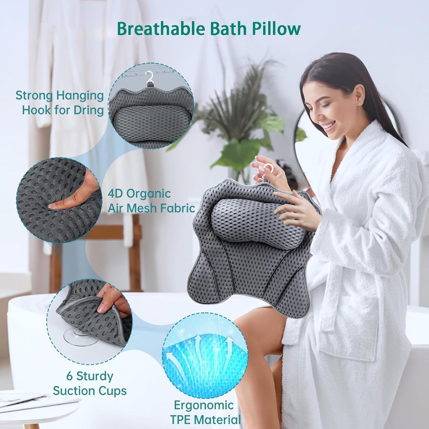 Bath Pillow Bathtub Pillow for Neck Back Support 4D Bath Tub Pillow with 6 Strong Suction Perfect Bath Gift for Women