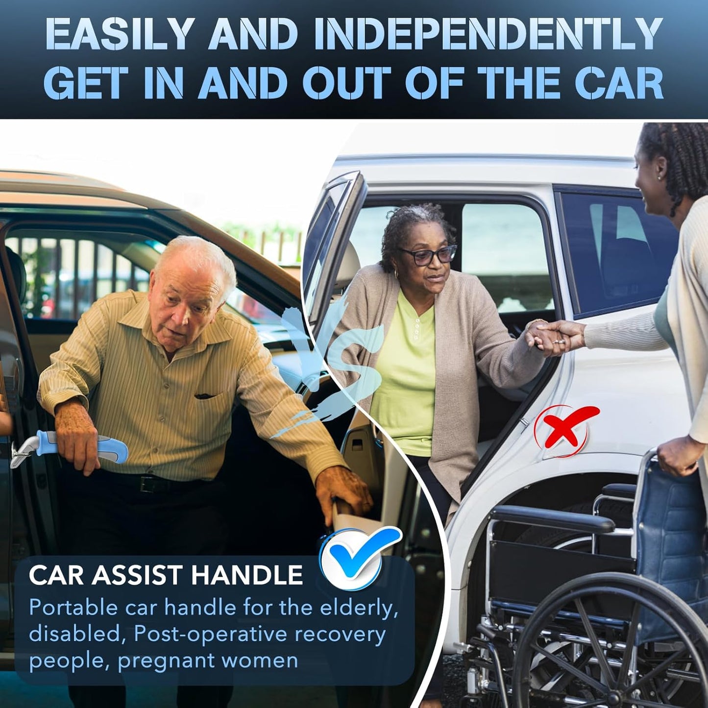 Car Door Handle for Elderly Car Handle Assist Support, Portable Auto Grab Handles for Handicap Seniors, Light Blue and Grey 2 Pcs