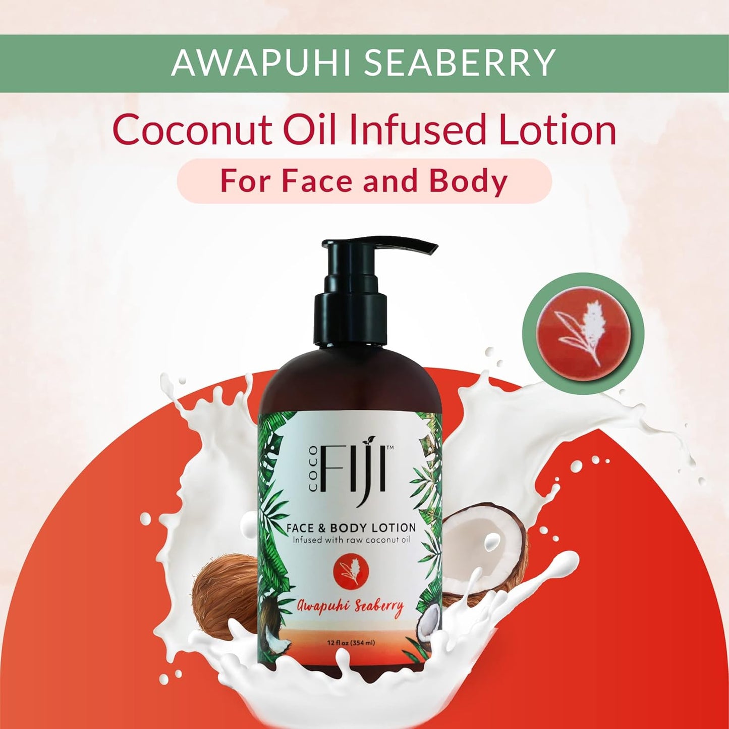 Coco Fiji Face & Body Lotion Infused With Coconut Oil | Lotion for Dry Skin | Moisturizer Face Cream & Massage Lotion for Women & Men | Awapuhi Seaberry 12 oz, Pack of 1