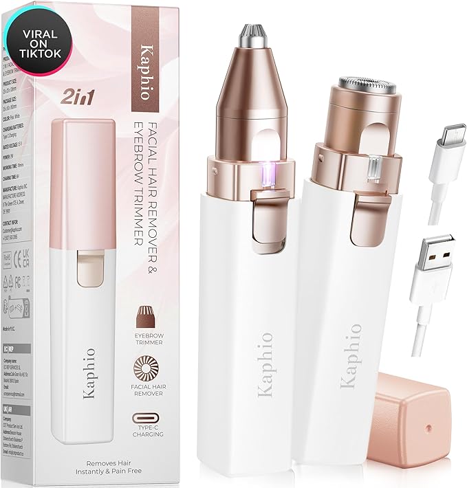 Facial - Eyebrow Hair Remover for Women: Rechargeable 2 in 1 Eyebrow Trimmer and Face Shavers for Women - Painless Electric Hair Removal Device for Face Eyebrows Peach Fuzz Lips with Light