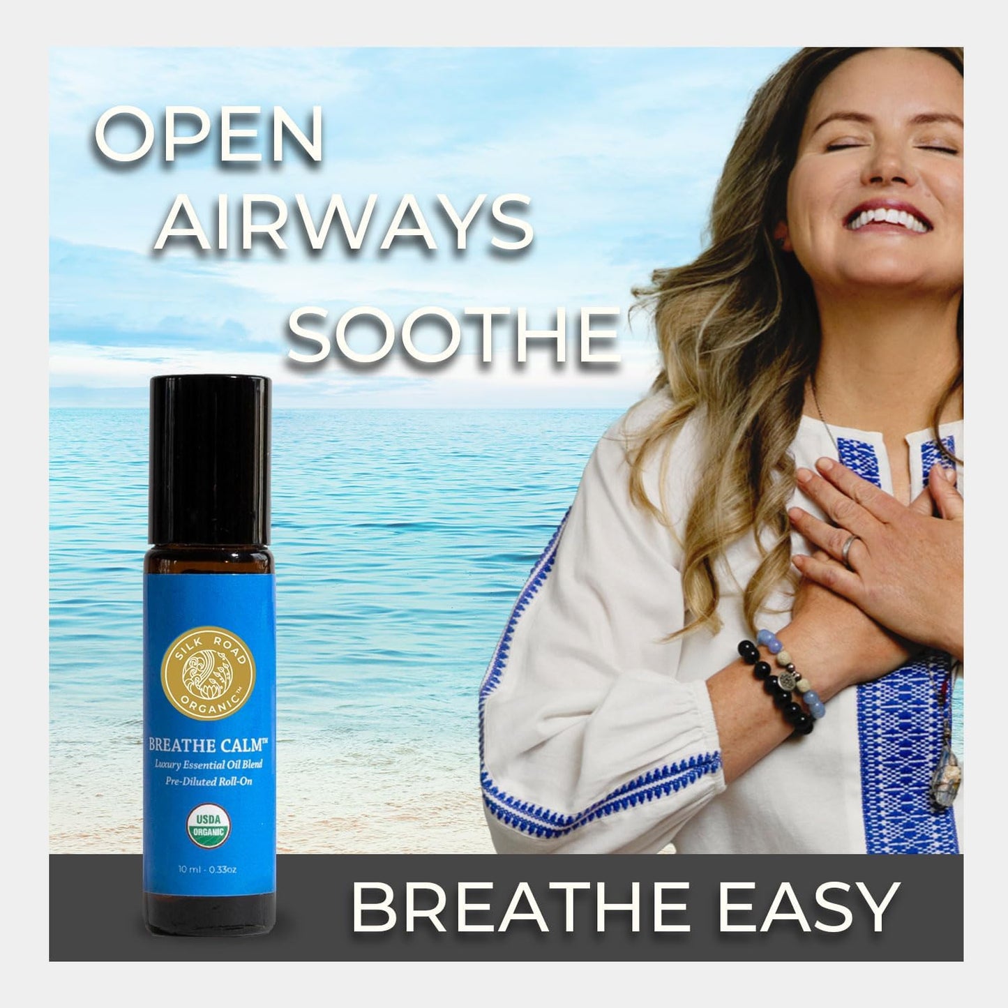 Silk Road Organic Breathe Calm Essential Oil Breathe Easy Blend Roll On, 100% Pure USDA Certified Aromatherapy for Cold, Cough, Congestion, Allergy Relief, & Wellness - 10 ml Roller
