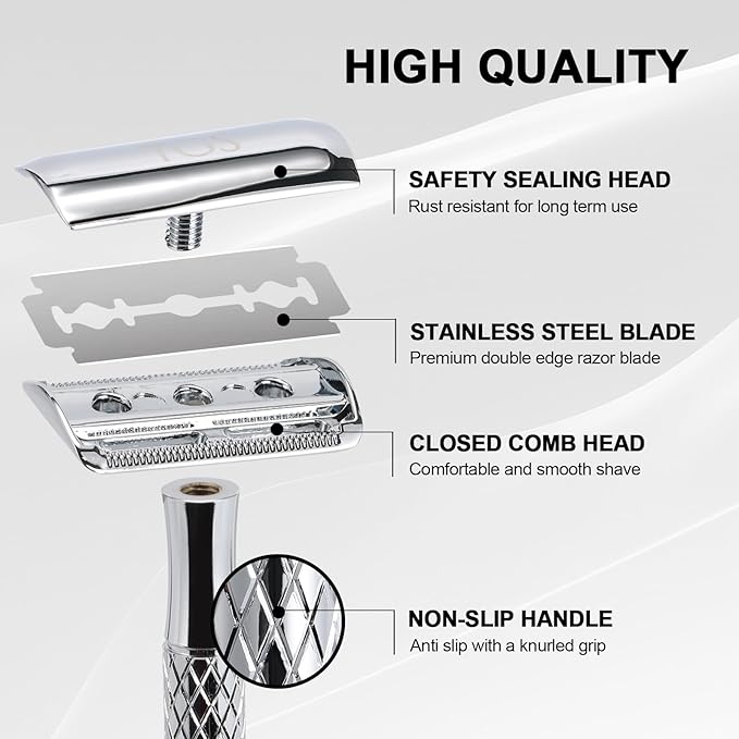 Double Edge Safety Razor with Chrome Plated Handle & Silicone Cover & 10 Blades Single Blade Safety Razor for Travel Metal Eco-Friendly Reusable Razor for Shaving