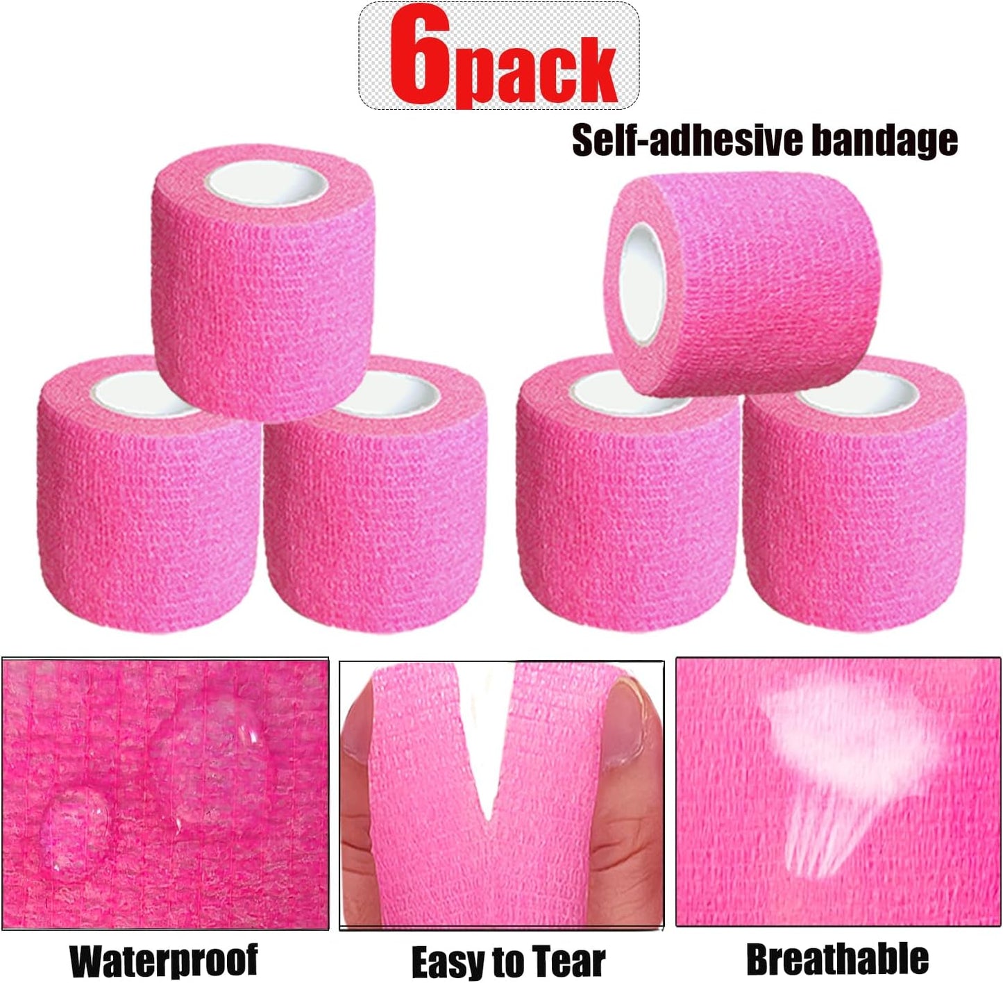 Hysiwen 6 Pack 2" x 5 Yards Self Adhesive Bandage Breathable Cohesive Wrap Self Adherent Vet Tape Self Stick Bandage Wrap for Sports, Athletic, Wrist, Ankle(Pink)