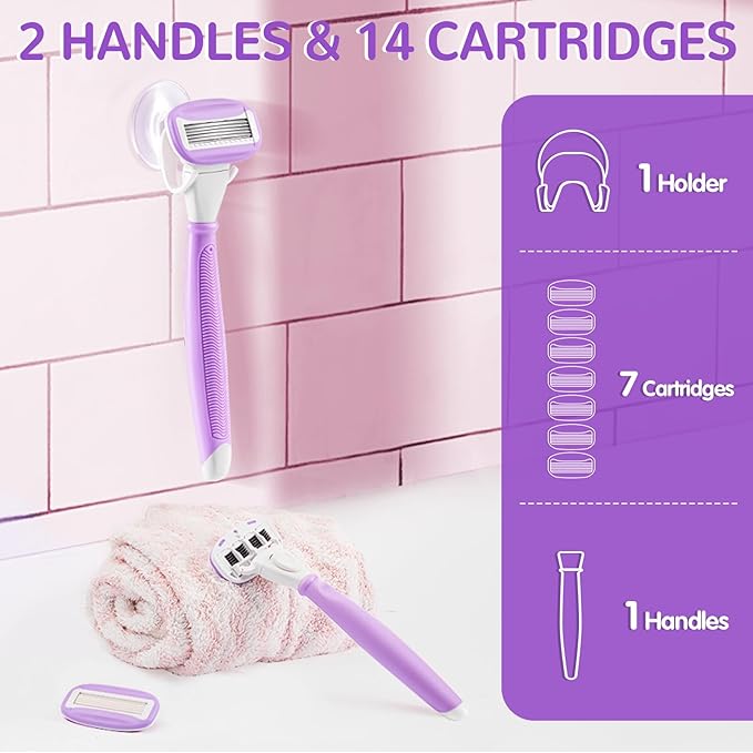 DreamGenius Razors for Women Include 1 Non-Slip Handles and 7 Blade Refills with a Shower Holder, 5 Premium Blades Women's Razors for Shaving with 360° Lubrication Reduces Irritation, Purple