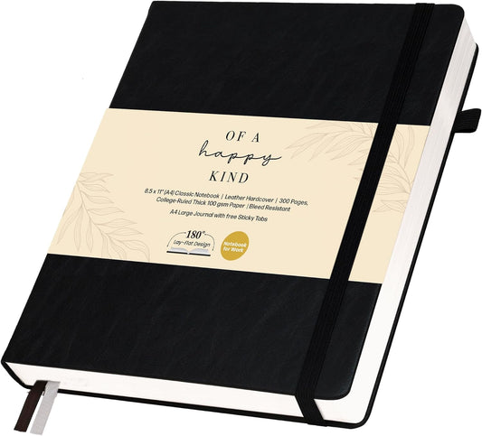 Thick Lined Journal Notebook 8.5x11" with Big A4 Hardcover Leather - Black - 300 Pages College Ruled Large with Sticky Tabs, Pockets, & Pen Loop for Writing and Journaling - Hard Cover Fancy Notebook