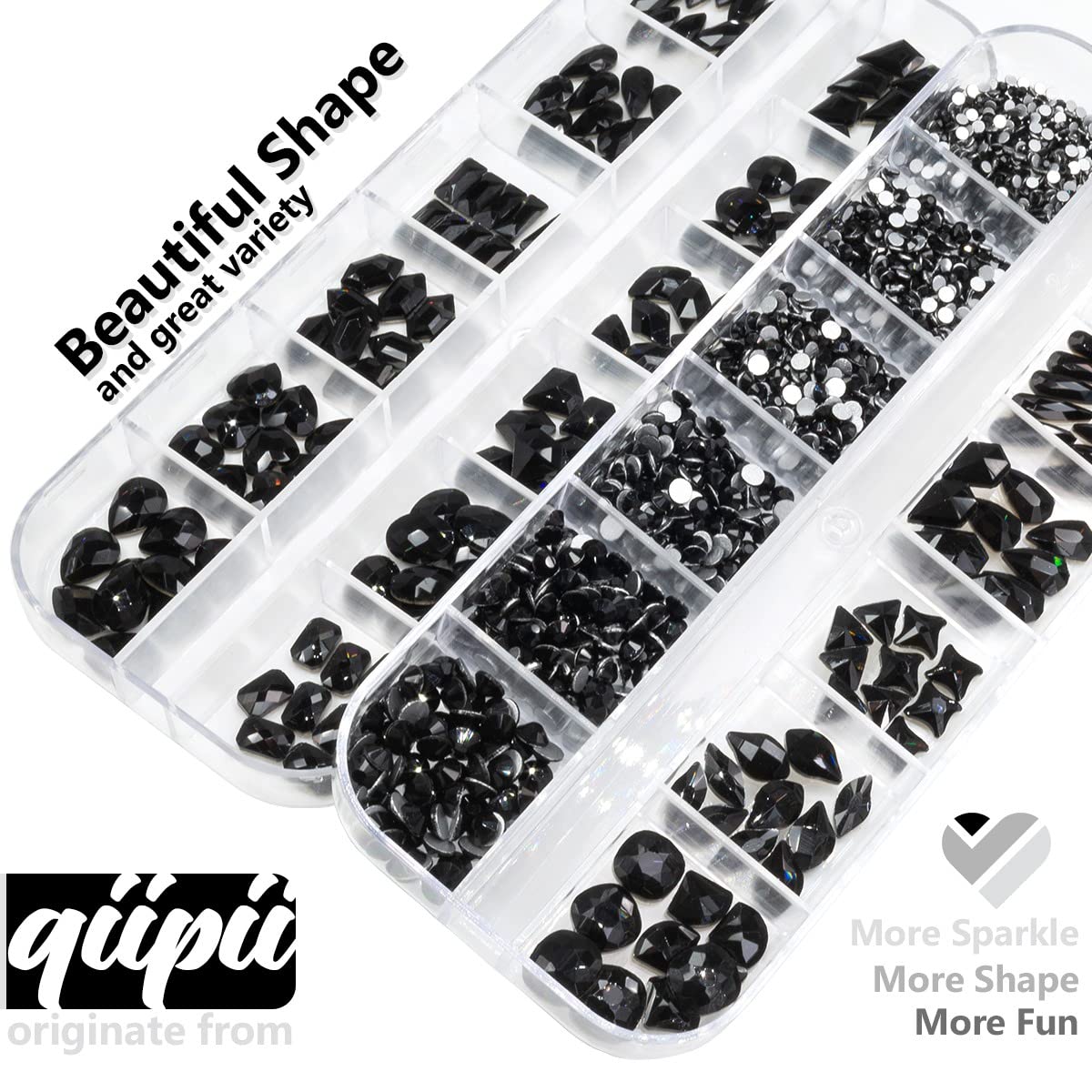 24 Styles Jet Black Nail Rhinestones Multi Shapes Flatback Gems Round Beads K9 Glass Crystals Stones Diamonds Jewels Nail Art Charms Supplies for Nails Face Eyes Makeup Crafts Tumblers Bottles