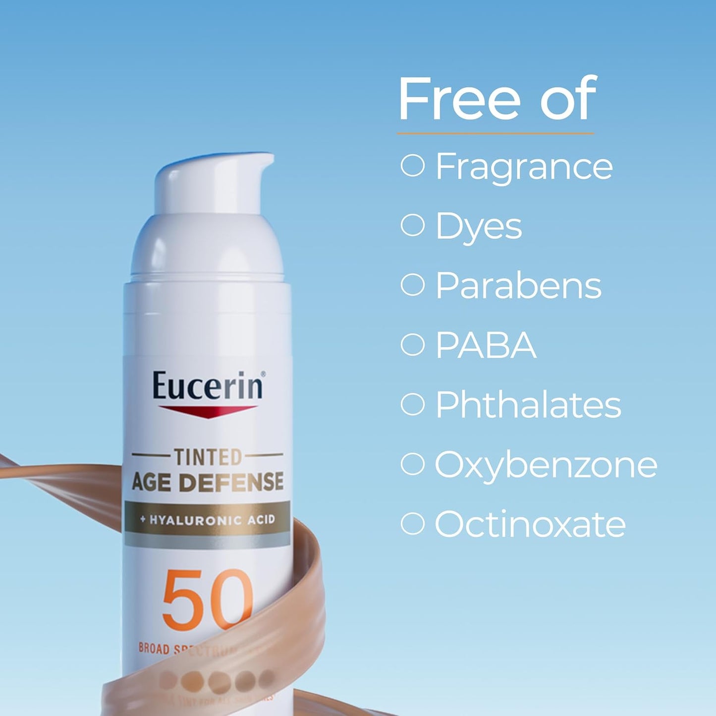 Eucerin Sun Tinted Age Defense Face Sunscreen Lotion SPF 50 with Hyaluronic Acid, Tinted Sunscreen for Face, Blendable Tint for All Skin Tones, Non Comedogenic and Hypoallergenic, 2.5 Fl Oz Bottle