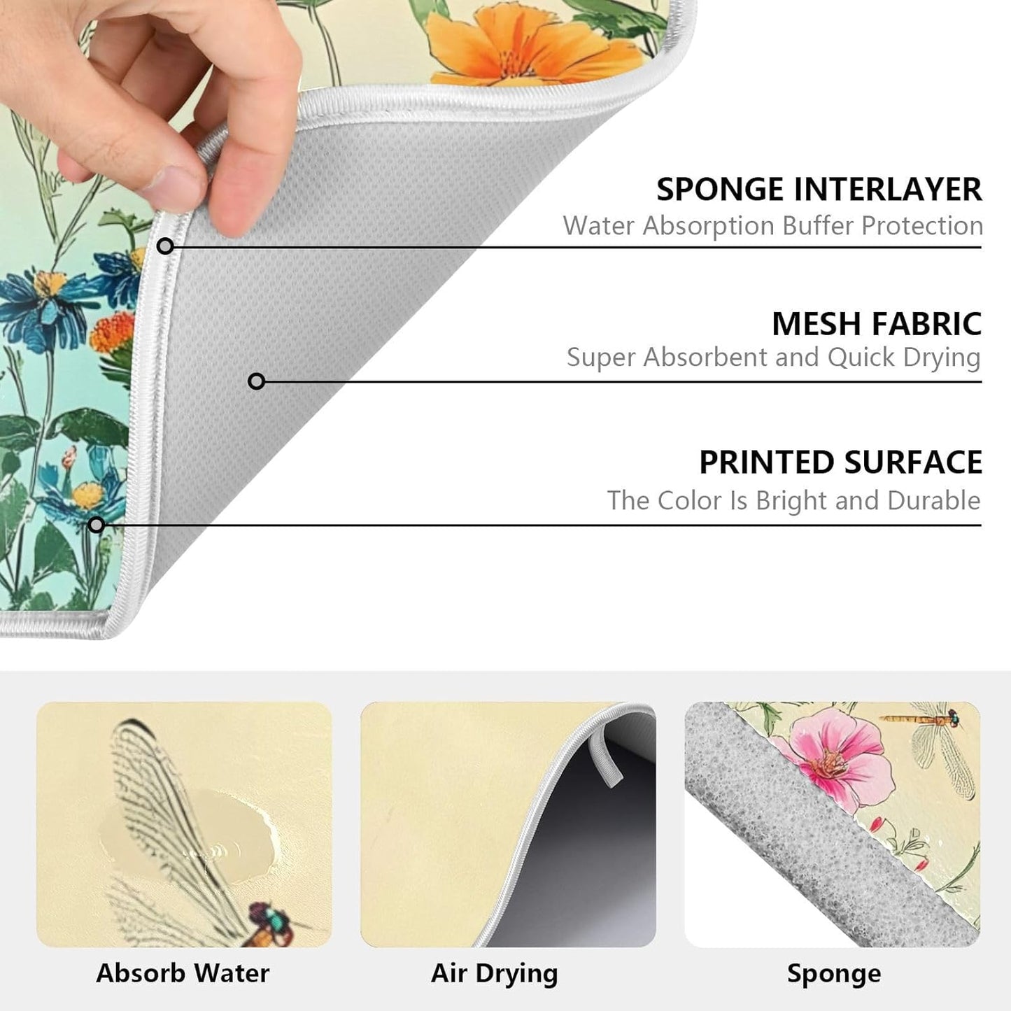 Dragonfly Butterfly Tulip Flower Dish Drying Mats for Kitchen Counter, 18x24 inch Drying Dishes Absorbent Microfiber Dish Drainer Mat Rack Pad Fast Dry