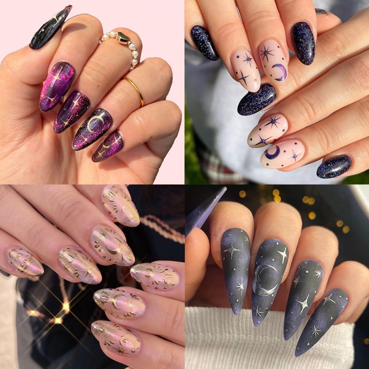 8Sheets Moon Star Nail Art Stickers 3D Self-Adhesive Metallic Sun Nail Decals Holographic Laser Glitter Nail Art Design Stickers Stars Sun Silver Nail Stickers for Women Acrylic Nail Decor Charms DIY