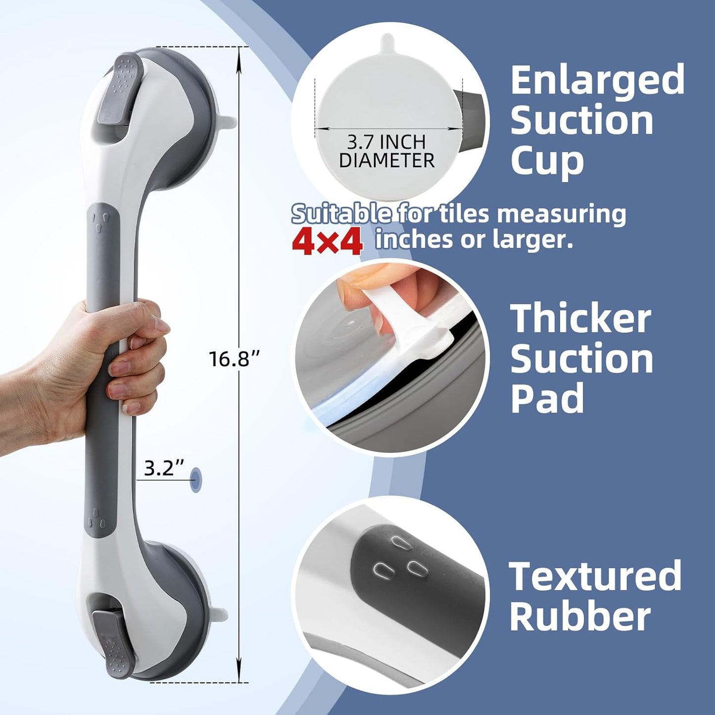 Grab Bars for Bathtubs and Showers Glow in The Dark, 17 inch Suction Grab Bar, Shower Handle Safety Grip Handrail for Seniors and Elderly, Removable Waterproof No Drilling, Grey
