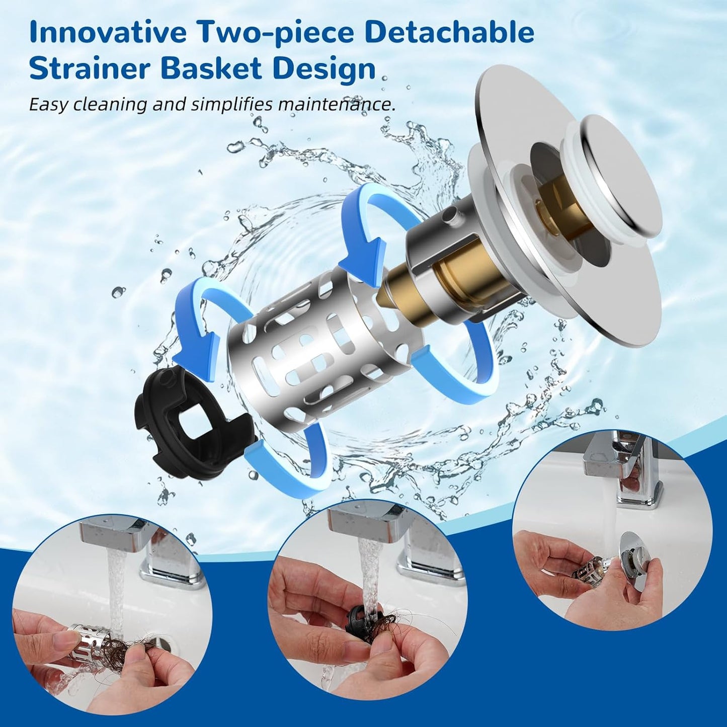 Hibbent 4 Pack Upgraded 3 in 1 Bathroom Sink Drain Strainer, Universal Pop Up Stopper with Removable Stainless Steel Filter Basket Hair Catcher, Sink Plug for 1.1''~2.36'' Basin, Brass Core, Chrome