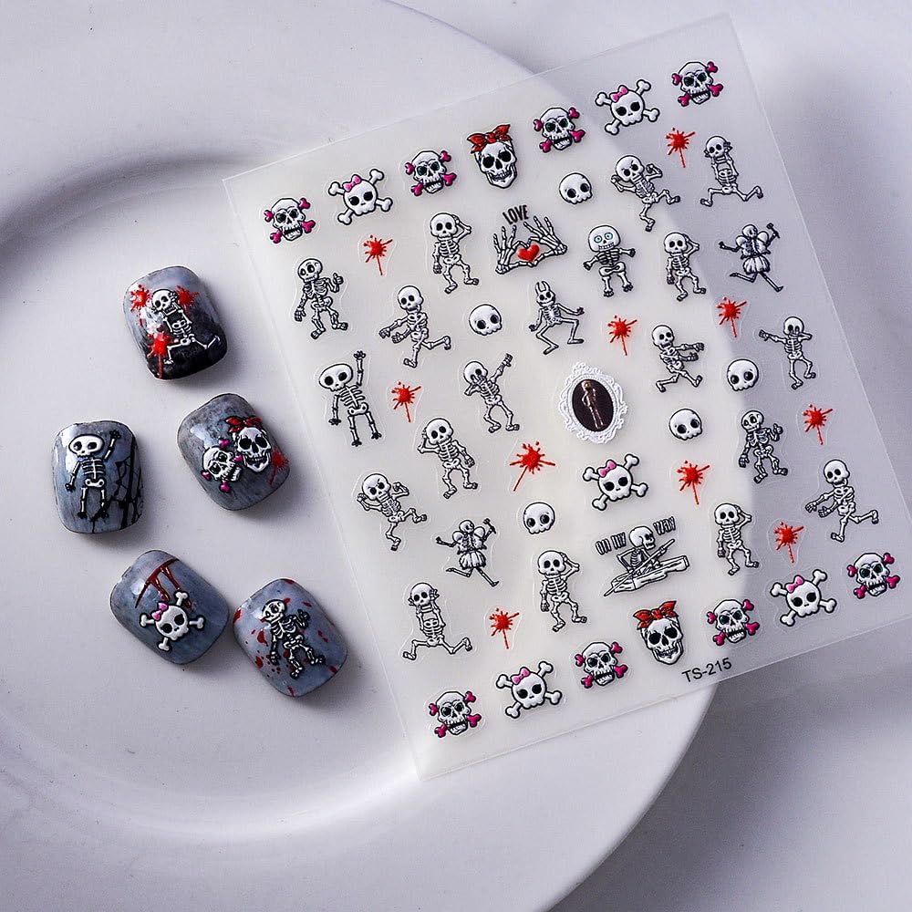 Halloween Nails Stickers Skeleton Nails Sticker 3D Embossed Red Blood Skull Self Adhesive Sticker Nail Decals Funny Skeleton Body Nail Art Decal Halloween Decals for Nail DIY Manicure 1Sheet