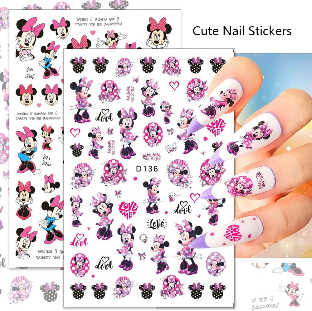 Valentines Nail Stickers Cute Cartoon Nail Art Stickers 3D Self Adhesive Nail Design Sticker Supply Valentines Day Romantic Love Heart Rose Cartoon Mouse Nail Decals for Women Girls DIY Manicure