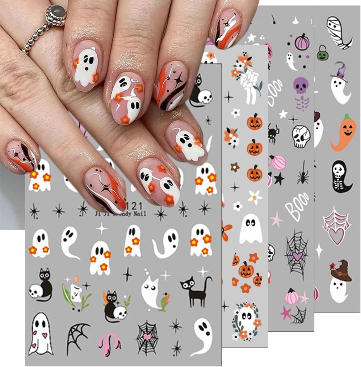 Halloween Nail Stickers for Nail Art, 8Pcs 3D Halloween Nail Art Stickers Cute Cat Ghost Pumpkin Nails Decals Skull Spider Web Bat Design Self-Adhesive Nails Art Supplies for Women DIY Manicure Decor
