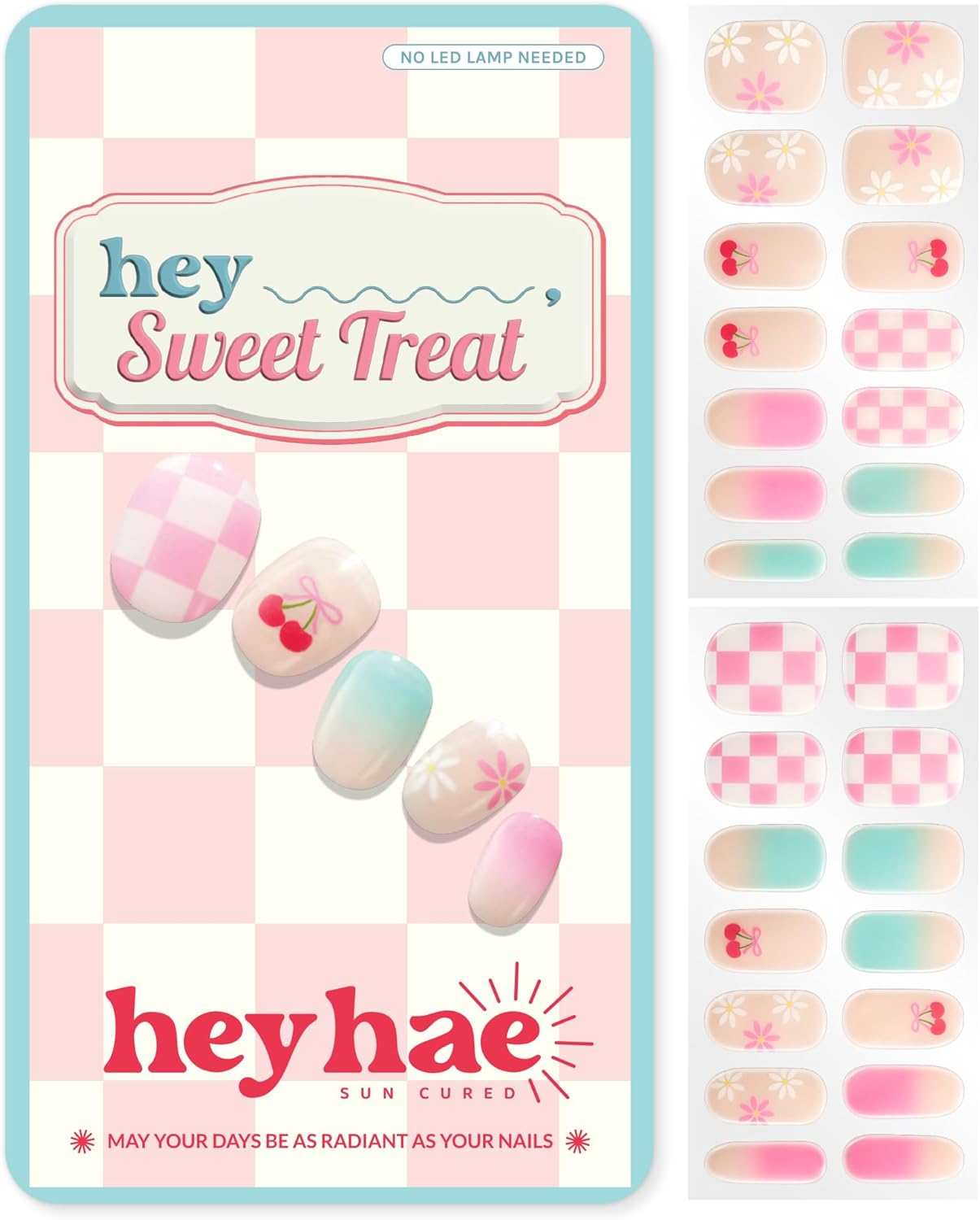 Semi Cured Gel Nail Strips | No LED Lamp Needed | Summer, Ombre, Cute | Easy Apply & Remove, Salon Quality | Includes 28 Strips, 1 Prep Pads, Nail File & Wooden Stick - Hey, Sweet Treat