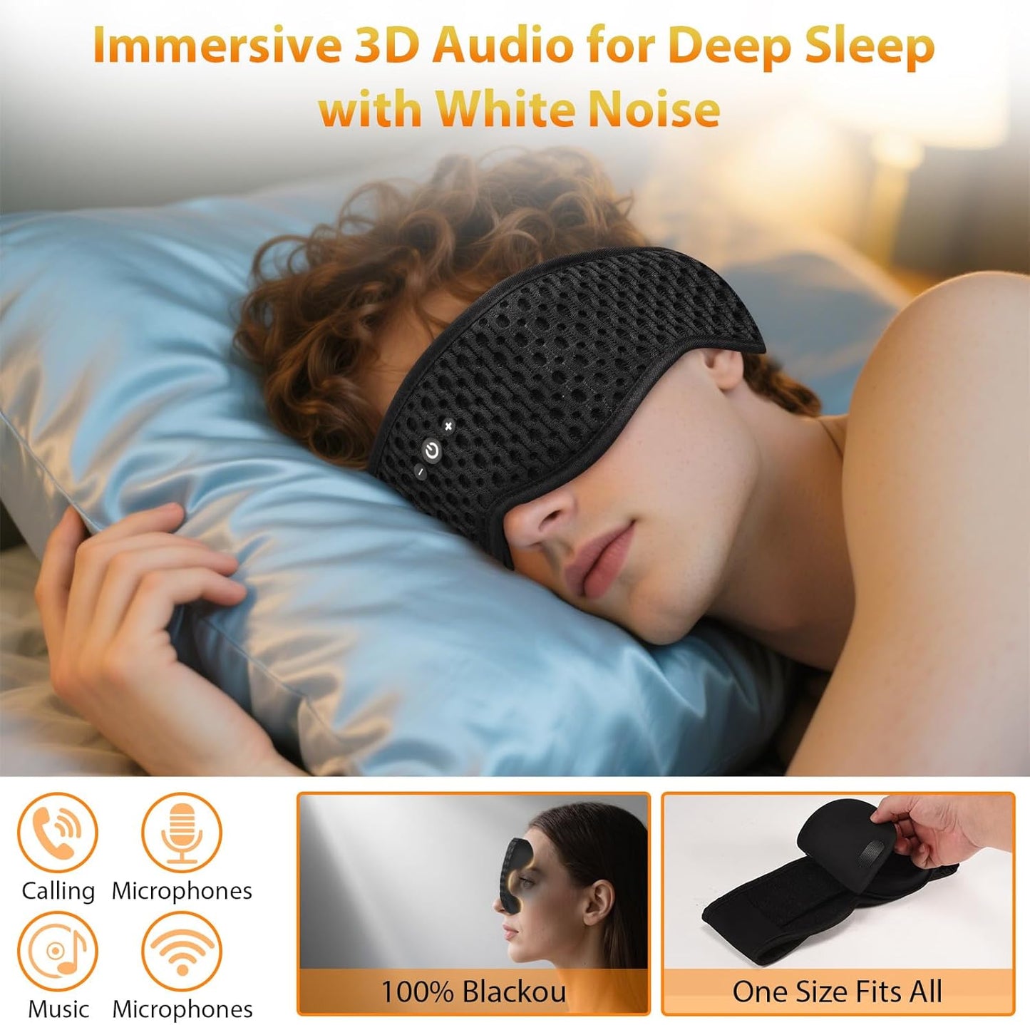 Bluetooth Sleep Mask HF016 Sleep Headphones with Detachable & Washable 3D Contoured Eye Mask, Integrated Adjustable Hook-and-Loop Eye Masks for Sleep, Perfect for Men/Women/Teens Sleep Gifts