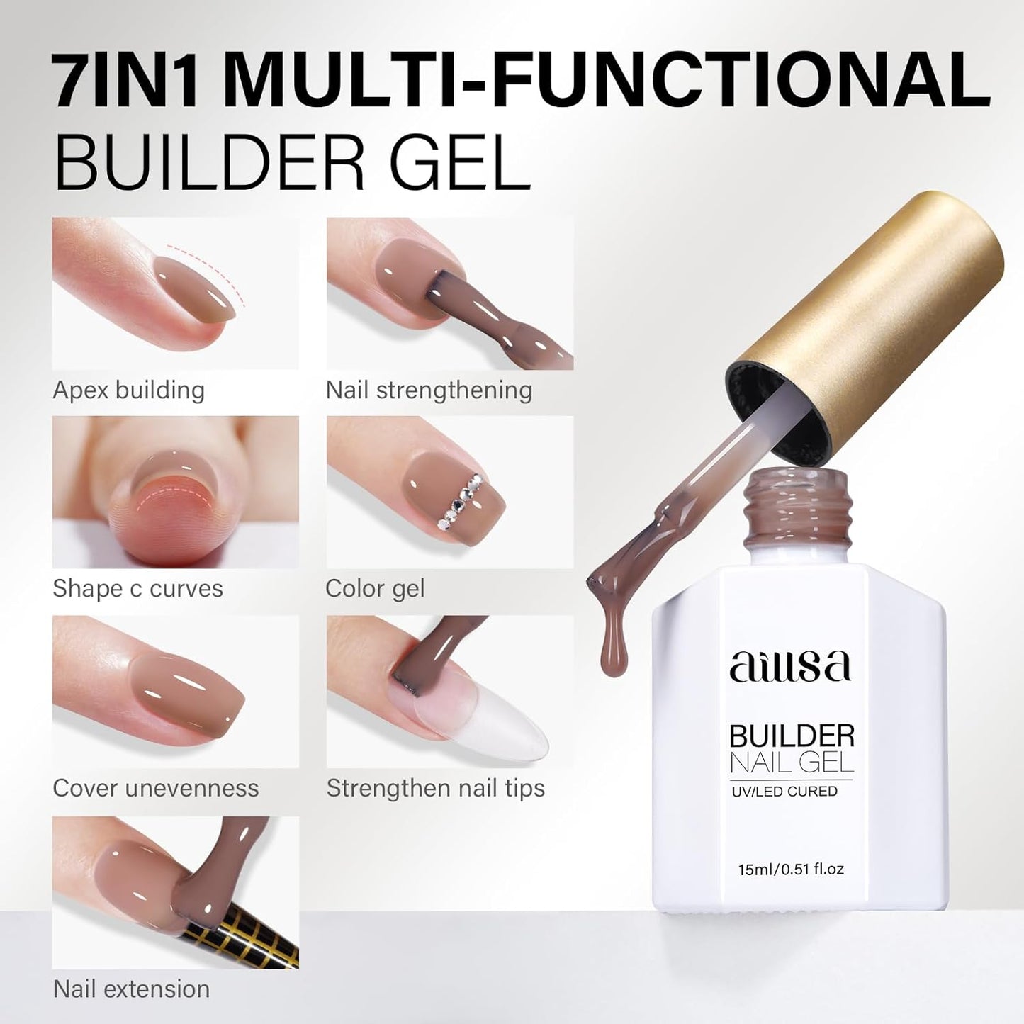 AILLSA Builder Gel for Nails Dark Nude 7 In 1 Strengthener Gel Nail Polish Brown Hard Gel Polish Extension U V Gel Polish Coffee Color Translucent for Nail Art Base Coat Needed 0.51 Oz GB55