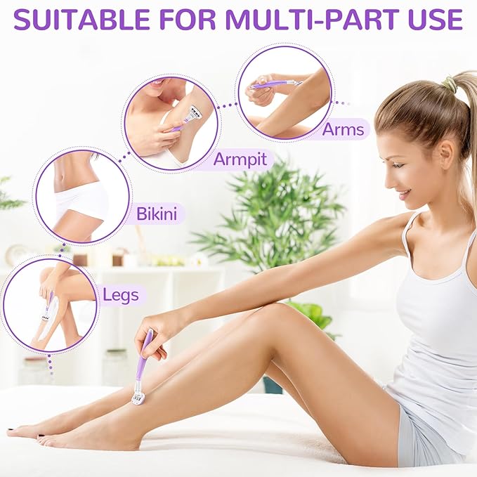DreamGenius Razors for Women Include 1 Non-Slip Handles and 7 Blade Refills with a Shower Holder, 5 Premium Blades Women's Razors for Shaving with 360° Lubrication Reduces Irritation, Purple