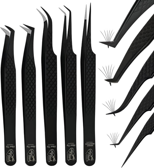 Fiber Tip Lash Tweezers Eyelash Extension Tweezers for Lash Extensions Precision Boot Volume Lash Tweezers Japanese Steel Curved Isolation Tweezer Set fiber grip tweezers (Black, 5pcs)