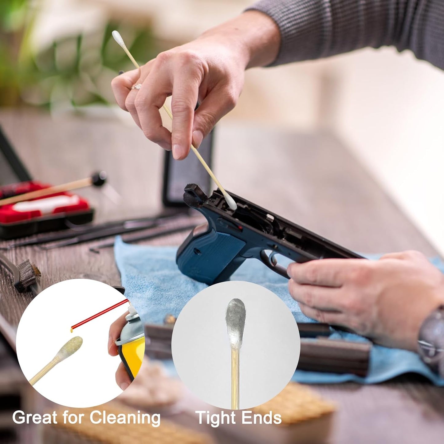 Gun Cleaning Swabs, Dual - Ends Tips, 6 Inch Gun Cleaning Supplies, Long Cotton Swabs with Bamboo Sticks in A Storage Case for Gun Cleaning and Maintenance