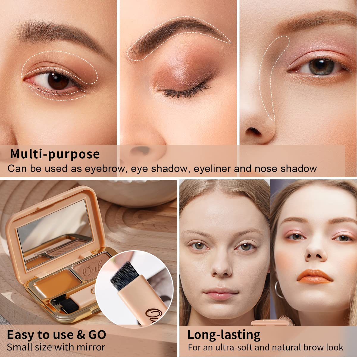 Oulac Waterproof Brown Eyebrow Powder Kit with Brow Brush 2 in1 Long Lasting Instant Eyebrow Pomade & Powder Natural Makeup for Sparse Brows 3.2 g/0.11 oz (Ginger）