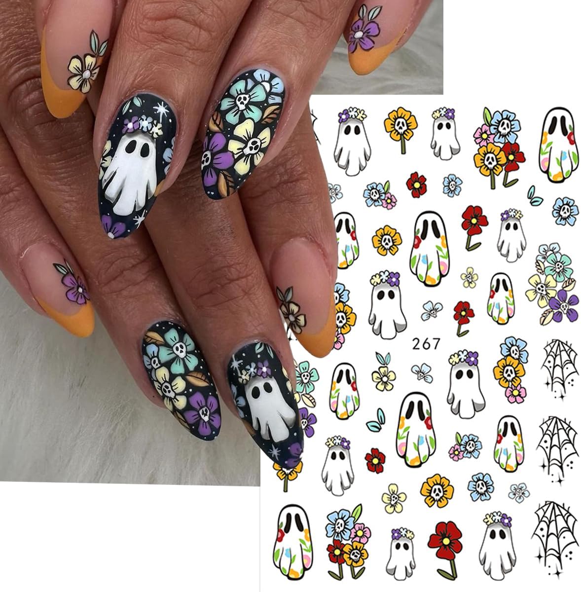 6 Sheets Flower Halloween Nail Art Stickers Colorful Ghost Nail Stickers Pumpkin Nail Decals Spider Web Tree Star Orange Design Cute Nail Sticker for Nail Art for Women Decoration Holiday Manicure
