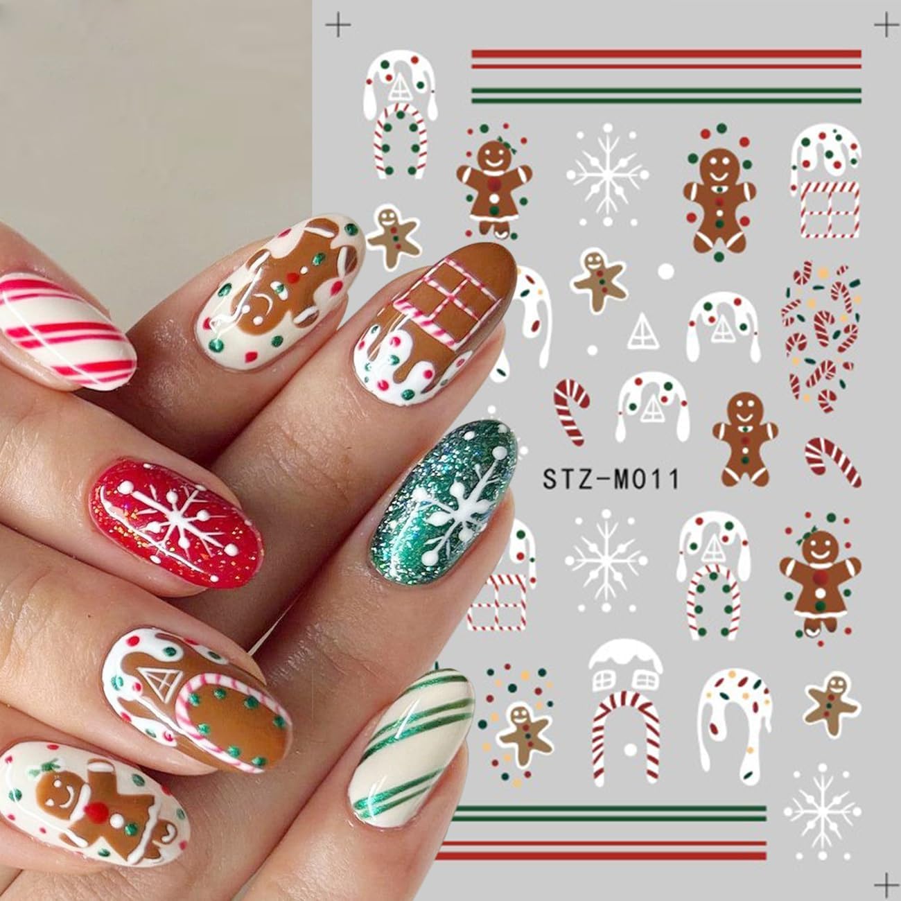 Christmas Nail Stickers,Cartoon Xmas with Cute Gingerbread Man Snowflake Candy Crutch Snowflake Gift Bow Elk French Glitter Design Self-Adhesive Decals for Nails Winter Manicure Decoration 6Sheets