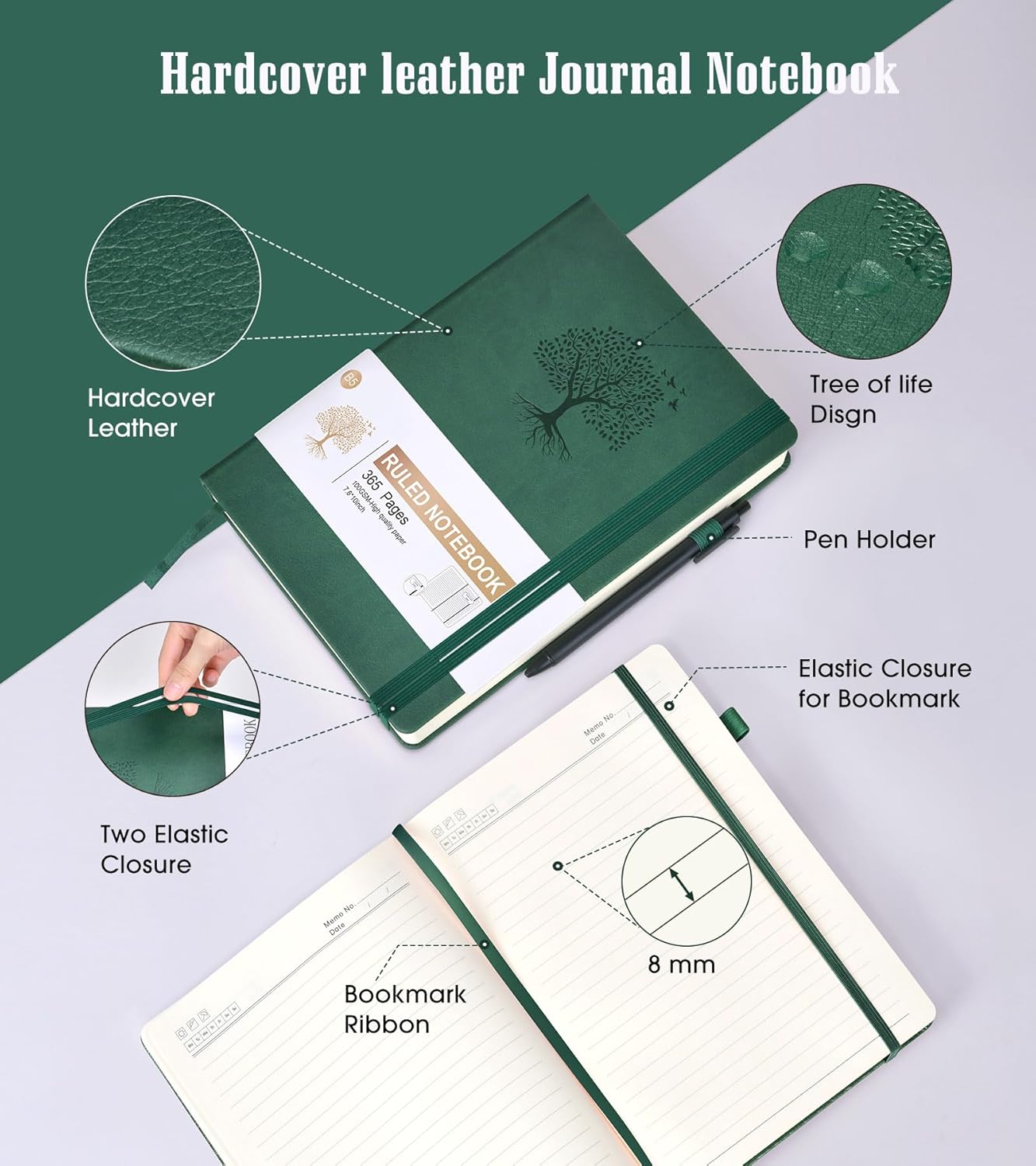 Lined Journal Notebook, 365 Pages B5 Large Journals for Writing Ruled Notebook, Hardcover Leather Journal for Women Men, Daily Notebook for Work, Note Taking, 100Gsm Thick Paper( 7.6'' X 10'' Green)