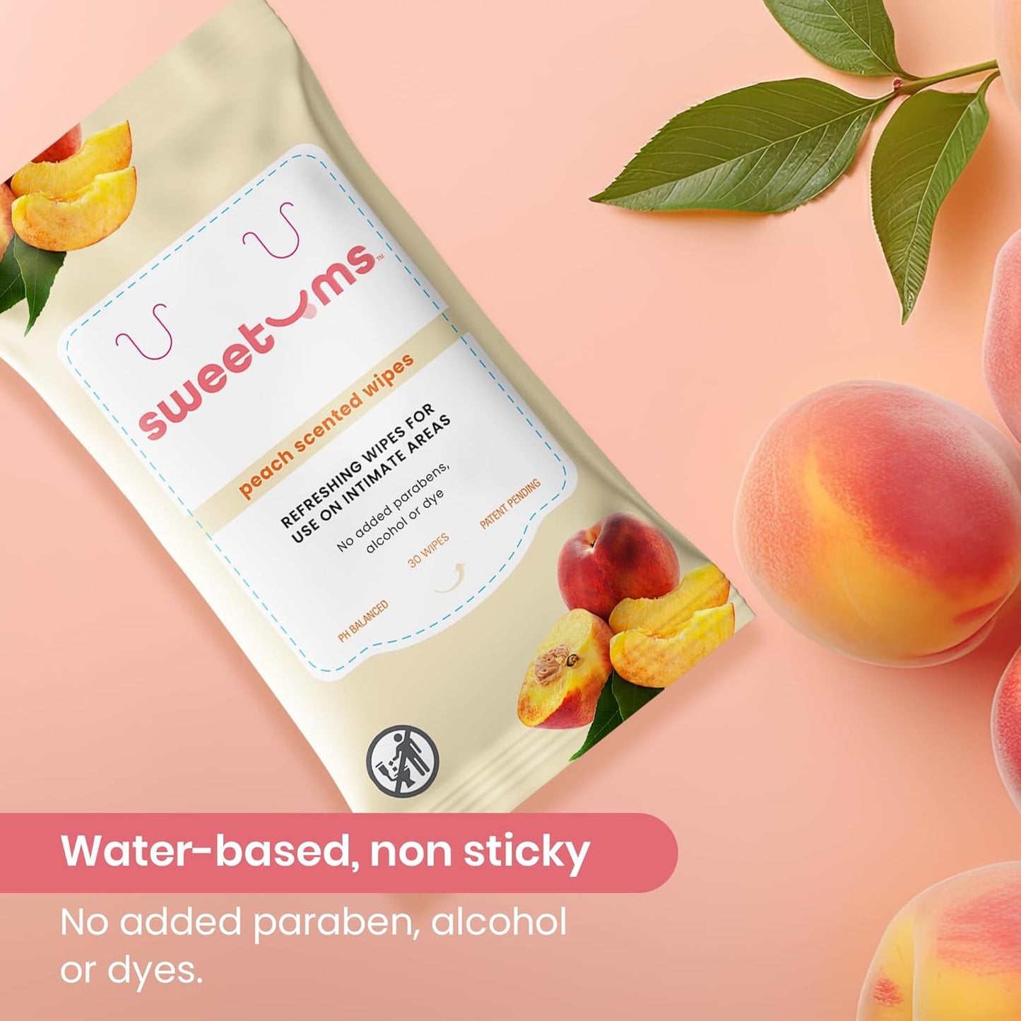 Sweetums Peach Scented Daily Feminine Wipes for Women – pH Balanced Unflavored Intimate Wipes – Water-Based, Aloe-Infused, Gentle on Sensitive Skin – Vegan, No Alcohol or Dyes, Travel-Friendly - 30ct