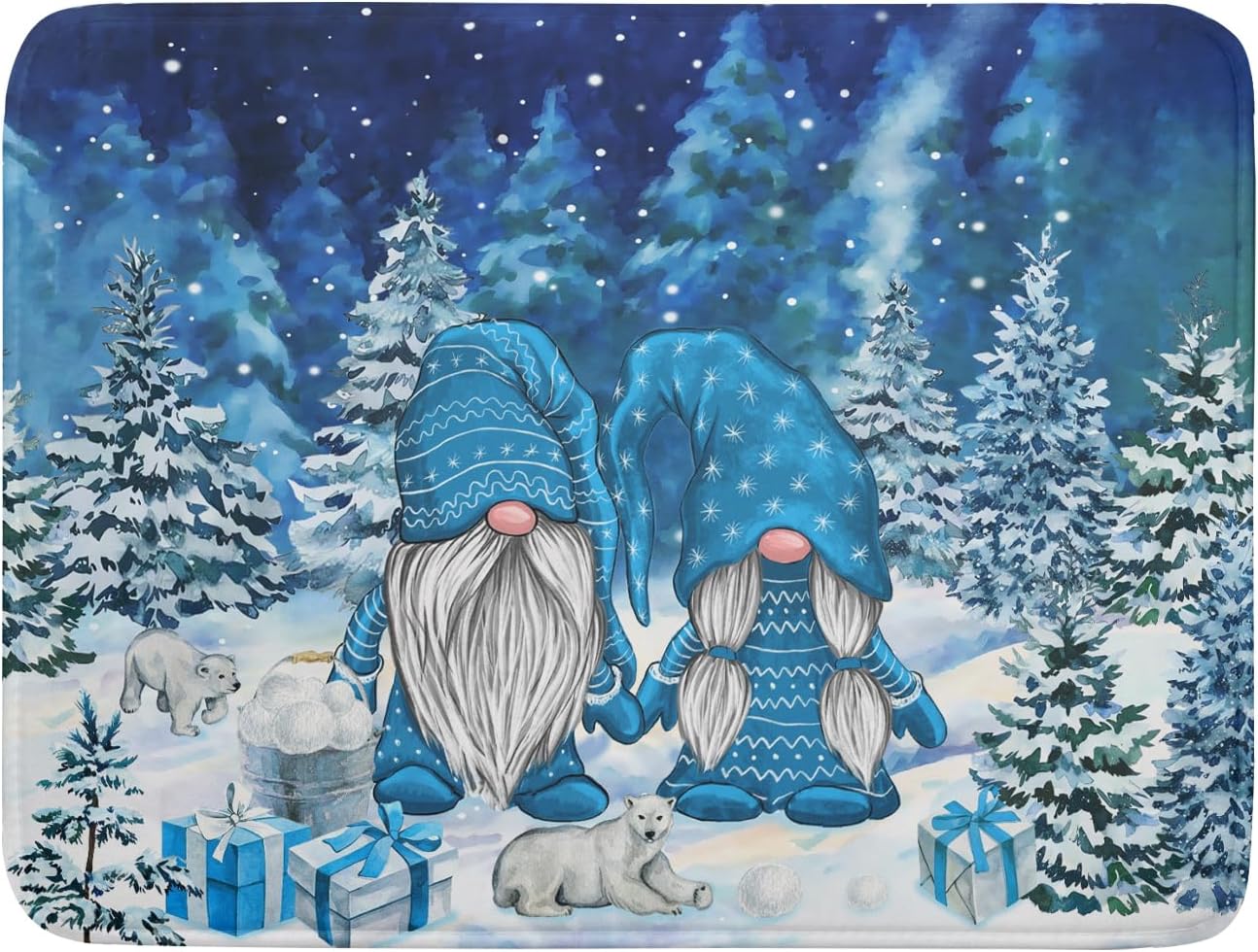 Winter Blue Gnome Dish Drying Mat for Kitchen Counter Pine Tree Microfiber Dish Pad Absorbent Reversible Fast Dry Draining Mats 18x24 Inch