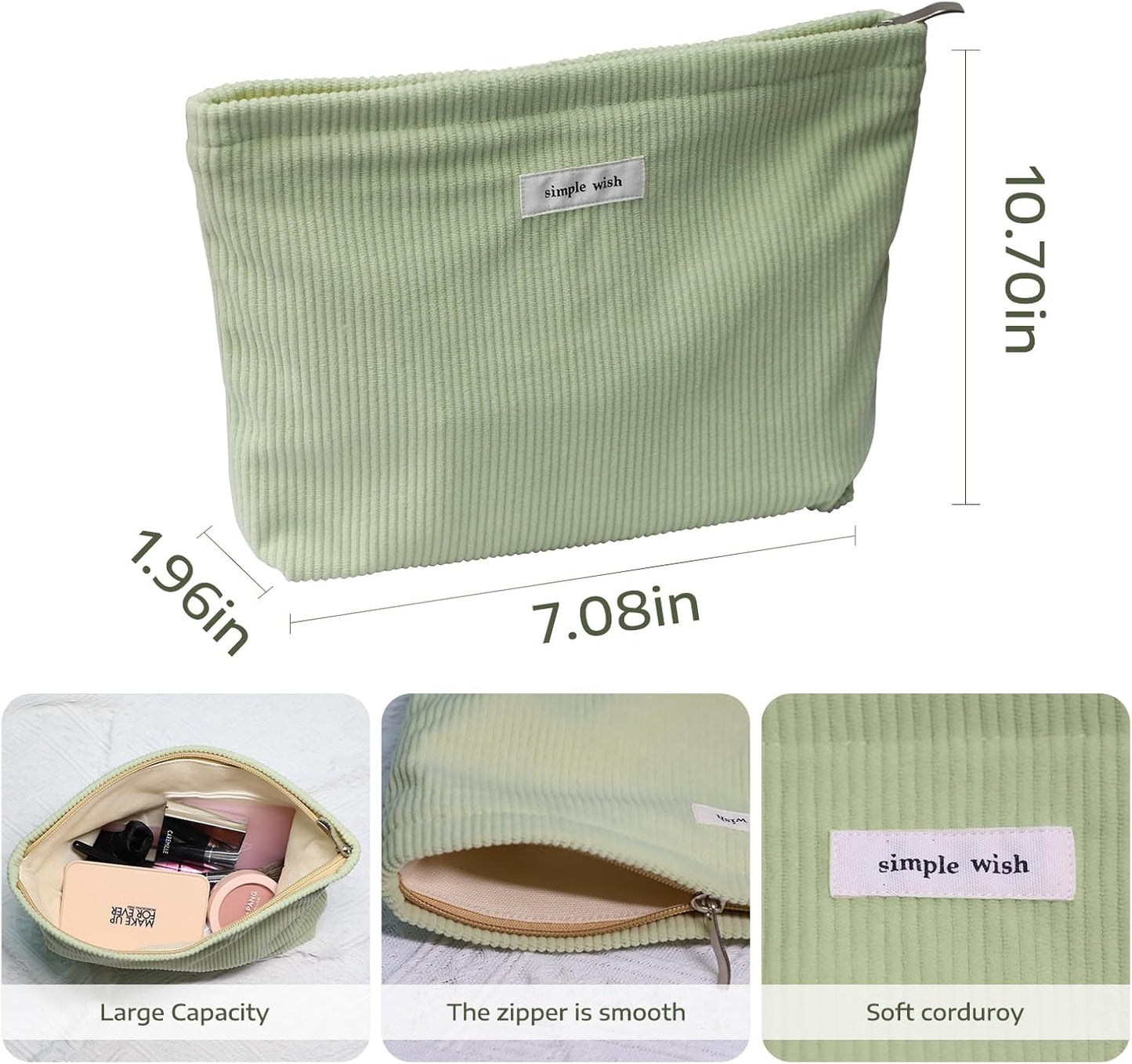 Wudygirl Travel Makeup Bag Portable Cosmetic Bags Large Capacity Makeup Bag Organizer for Women Corduroy Makeup Pouch Pencil Pouch Zipper (Light Green)