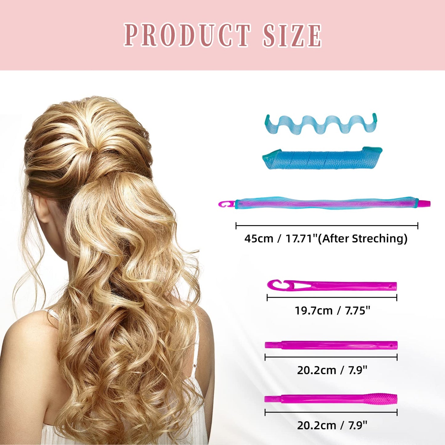 60pcs Heatless Hair Curlers Rollers Spiral and Wave Styling Kit with 2 Sets Styling Hooks,No Heat Curlers for Women Girl's Medium and Long Hair (17.8 Inch/45 cm)