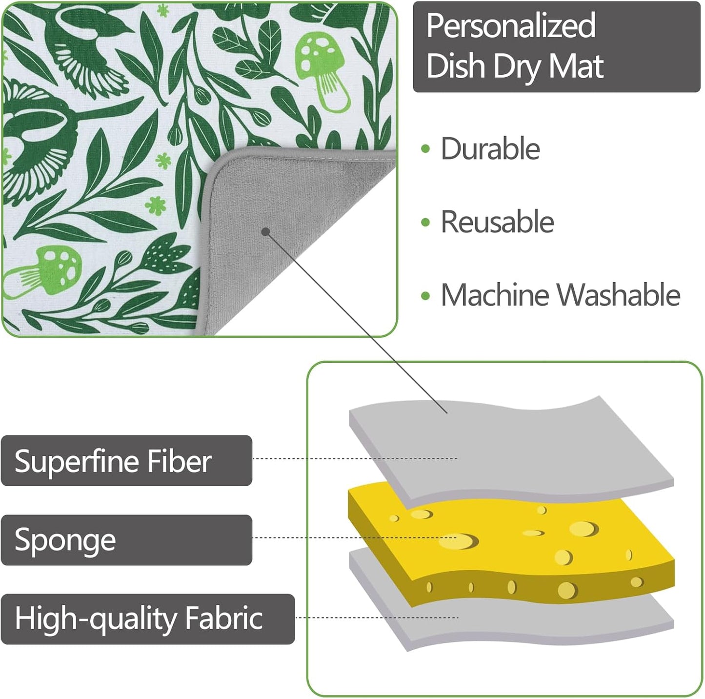 SHIYUE Dish Drying Mat for Kitchen Counter Super Absorbent Spring Kitchen Decor Microfiber Drying Matainers Rack Fast Pad Dish Drainer Mats(Green Flower Bird,18''x24'')