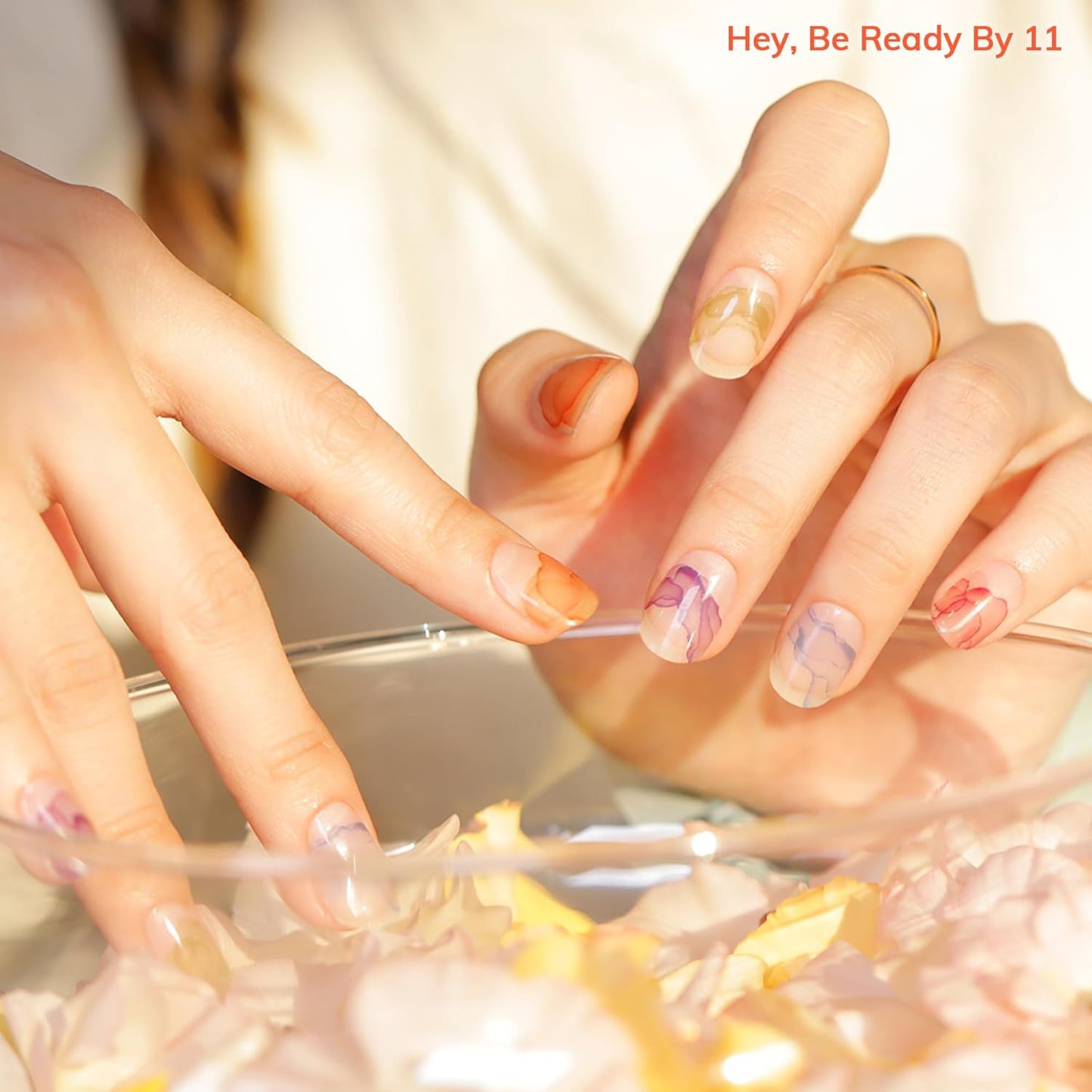 Semi Cured Gel Nail Strips | No LED Lamp Needed | Marble, Spring | Easy Apply & Remove, Salon Quality | Includes 28 Strips, 1 Prep Pads, Nail File & Wooden Stick - Hey, Be Ready by 11