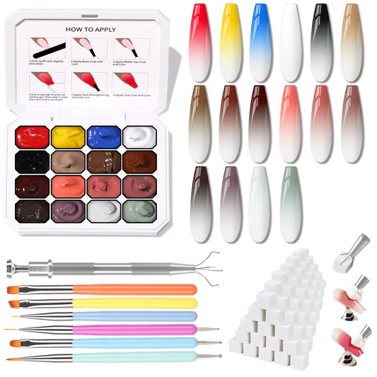 Sponge Pat Paint Nail Gel, Ombre Nails Gradient Gel Nail Blush Blooming Aura Nails Drawing Stripper Floral Painting DIY Nail Art, No Wipe, UV/LED Curing (16 Colors J)