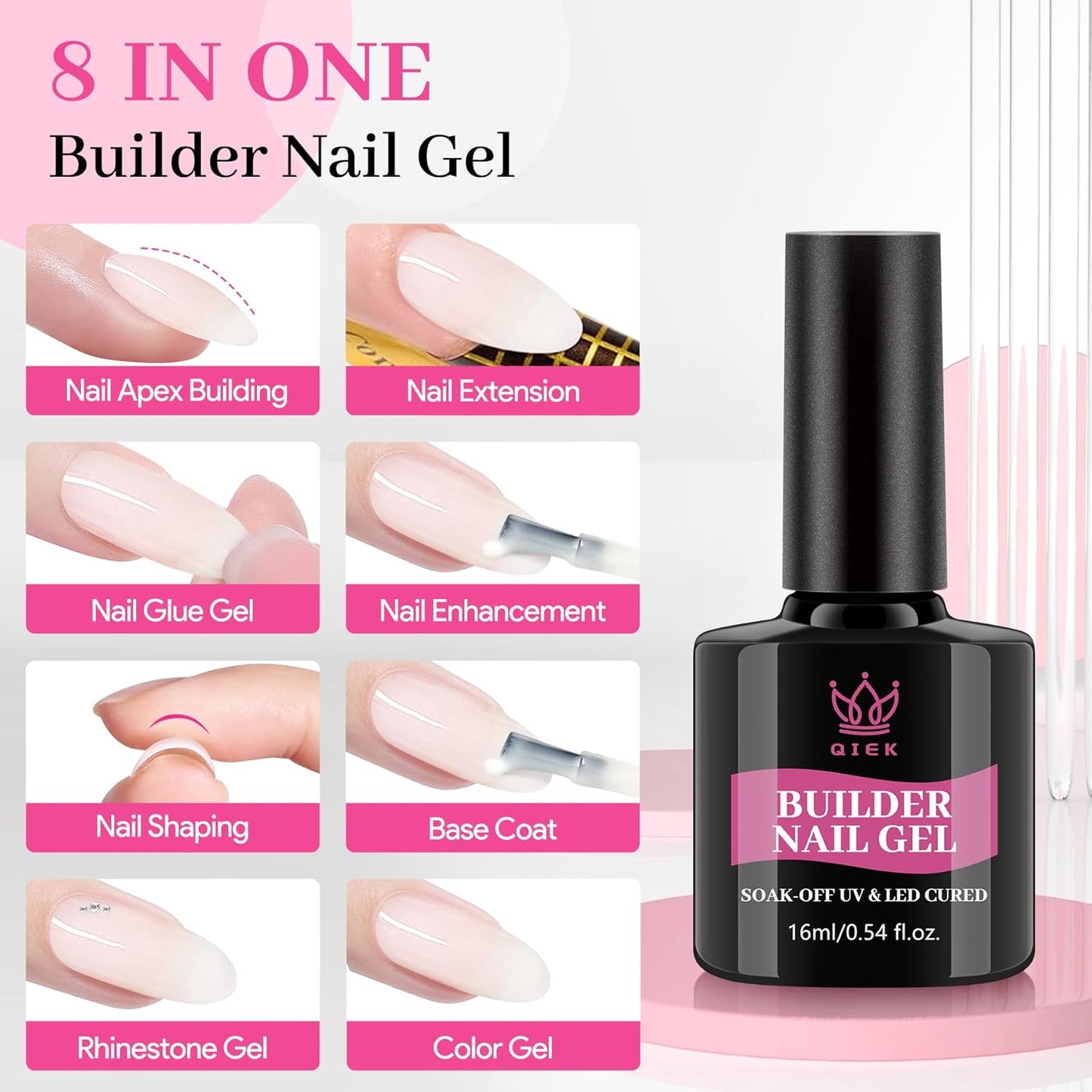 Builder Nail Gel, Milky White Builder for Nails Strengthener, 8-in-One Apex Enhancement Extension Hard Building Color Gel LED Lamp Cured Rubber Base Coat for DIY Beginners & Salon Manicure 16ML