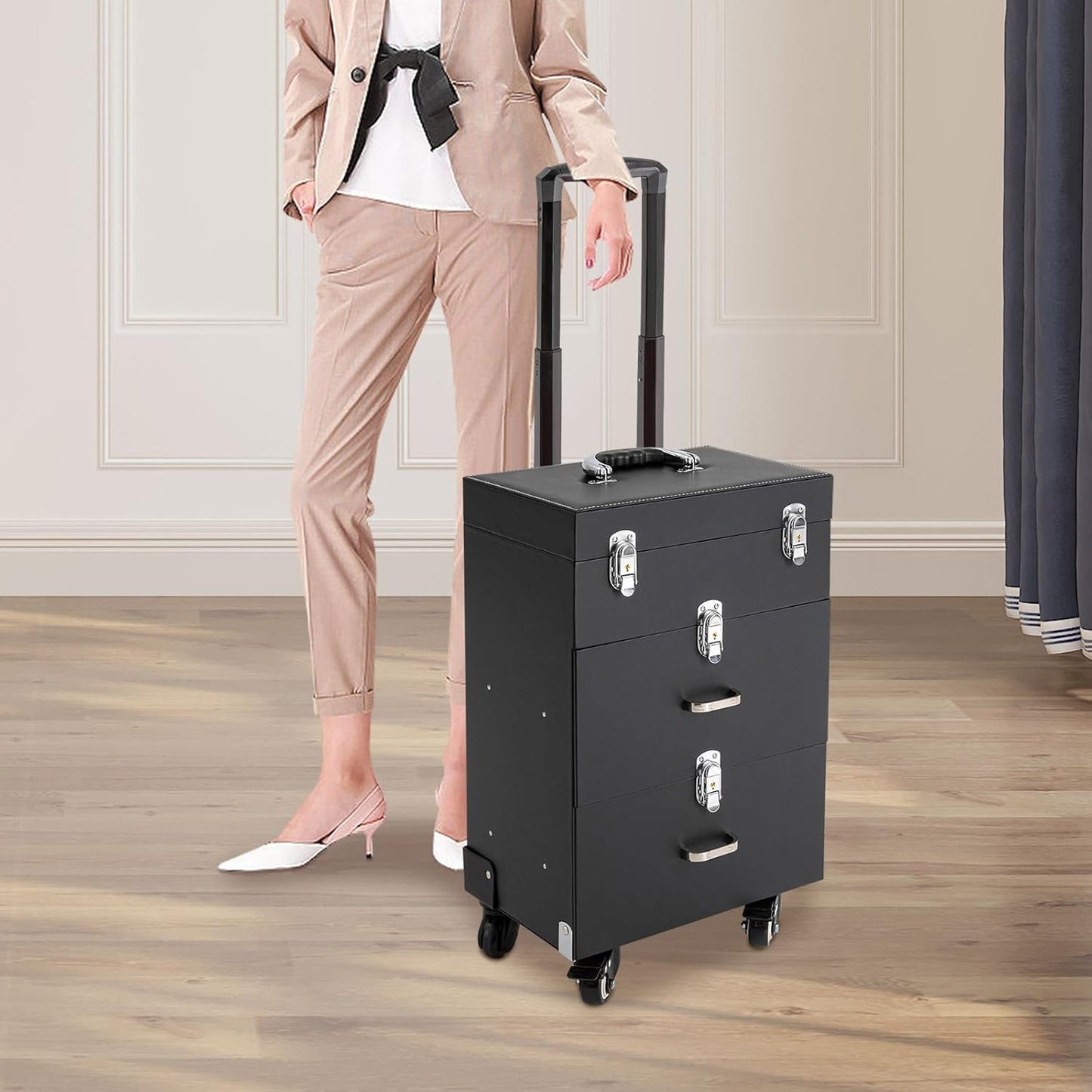 44.09lbs Lockable Makeup Train Case,Rolling Hairdressing Trolley,Beauty Salon Cosmetic Luggage with Universal Wheels for Hair Stylist,Make-up Artists (Black 6)