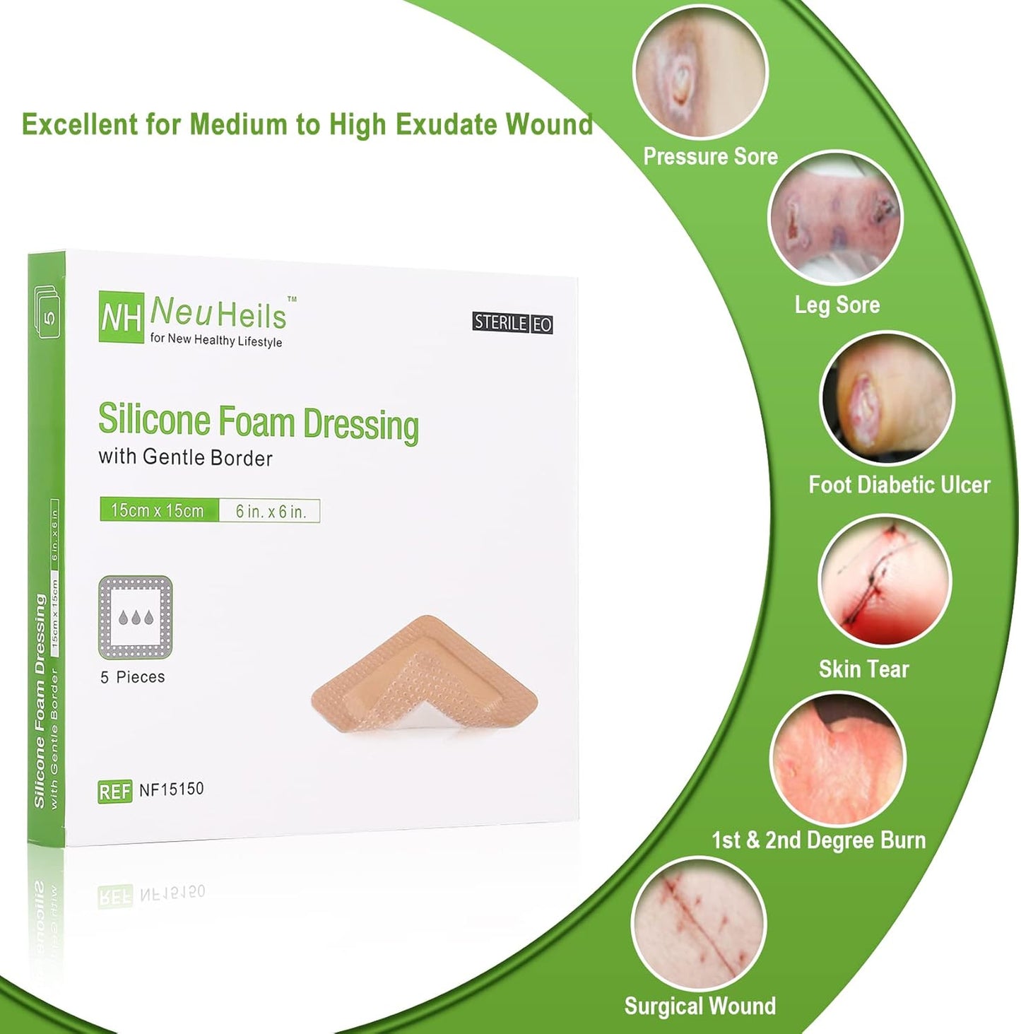 NeuHeils Silicone Adhesive Foam Dressing Bandage with Gentle Border 6 x 6 inch for Bed Sore Leg Ulcer, 5 Pack, High Absorbency Waterproof Silicone Wound Bandage for Pressure Ulcer