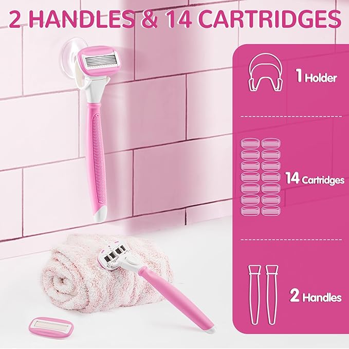 DreamGenius Razors for Women Include 2 Non-Slip Handles and 14 Blade Refills with a Shower Holder, 5 Premium Blades Women's Razors for Shaving with 360° Lubrication Reduces Irritation, Pink