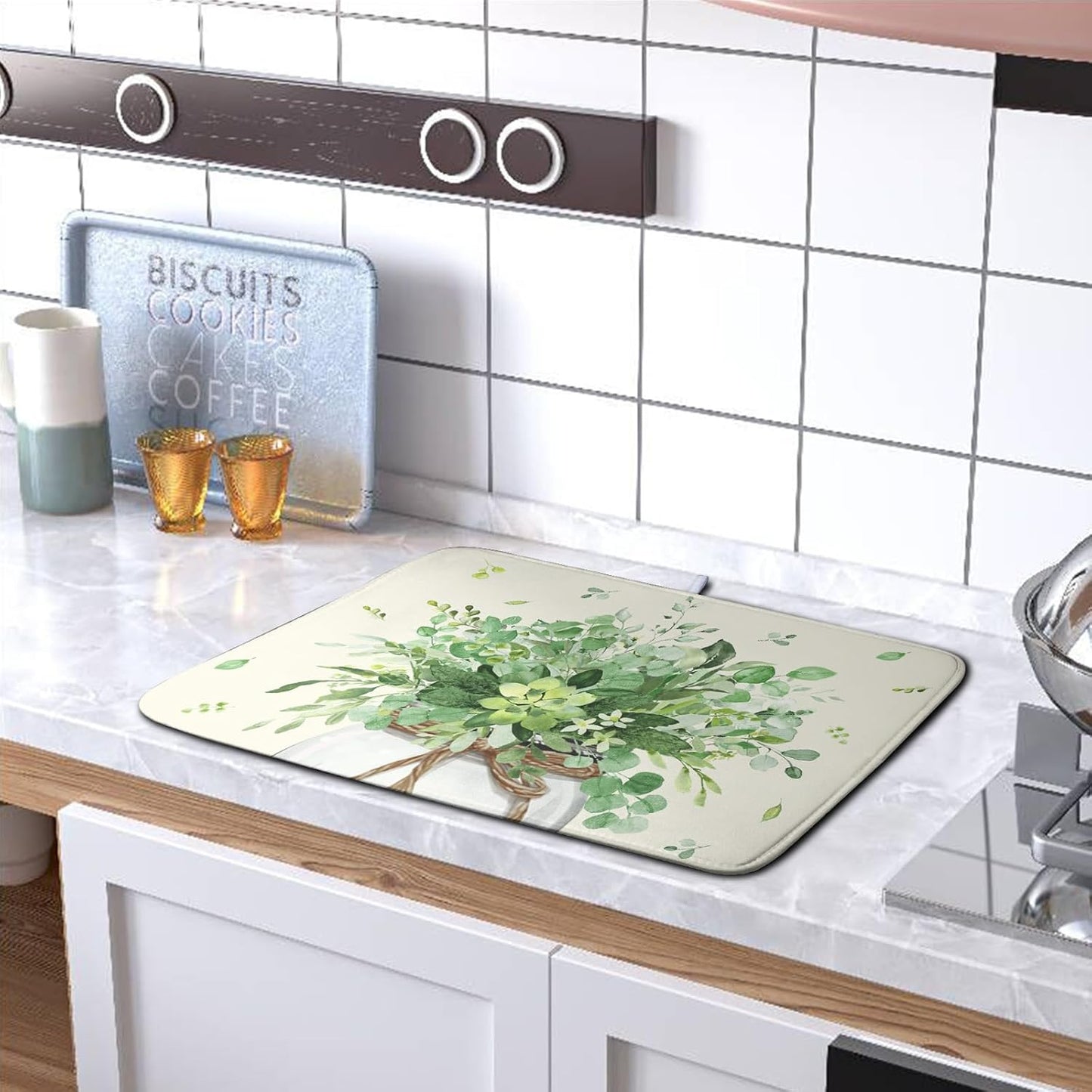 Spring Sage Green Leaves Dish Drying Mat for Kitchen Counter Eucalyptus Leaf Floral Mason Jar Dishes Drainer Mats Absorbent Microfiber Dish Draining Mat Washable Large Dish Pad 18x24 Inch