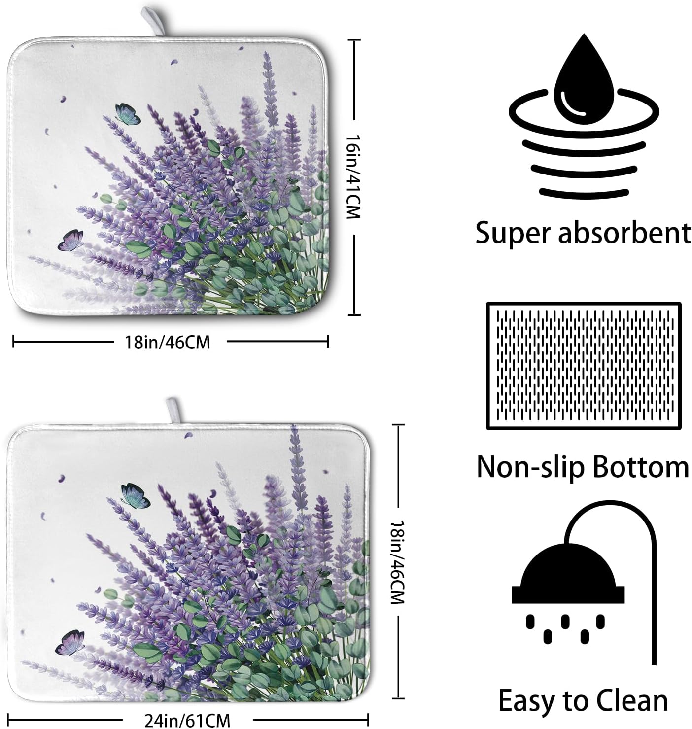 Purple Lavender Dish Drying Mat for Kitchen Counter, 18 x 24 Purple Floral Microfiber Dish Drainer Mats, Absorbent Reversible Microfiber Dish Mat, Butterflies Flowers Kitchen Drying Mats for Dishes
