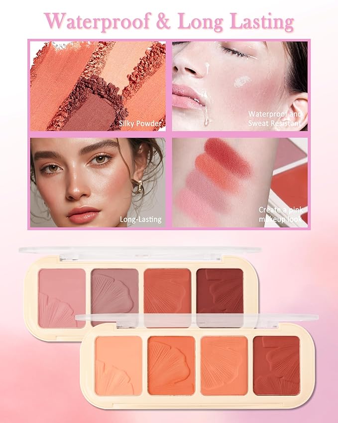 Matte Face Blush Palette Kit with Brush-4 Colors Pink Purple Orange Silky Mineral Blendable Blusher Contour Powder for Cheeks,Longlasting Professional Facial Beauty Makeup Gift for Women Girl-Set 01