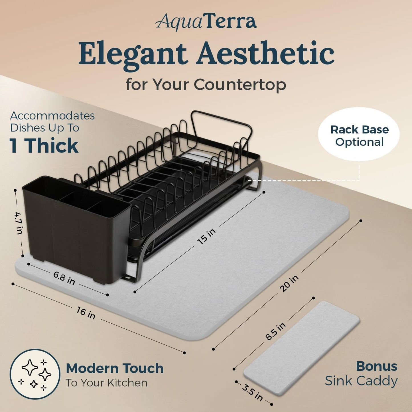 AquaTerra Diatomaceous Earth Drying Mat with Matching Sponge Caddy & Dish Rack | 3-Piece Set (Light Gray, Large) | Heat-Resistant & Multi-Purpose for Drying and Kitchen Organization