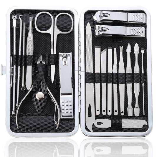 Manicure Set Pedicure Kit Professional 19 Pcs Nail Clipper for Men & Women Stainless Steel Sharp Cutter Grooming Nose Hair Scissors…Black Fingernails & Toenails with Portable Case (Black_19 pieces)