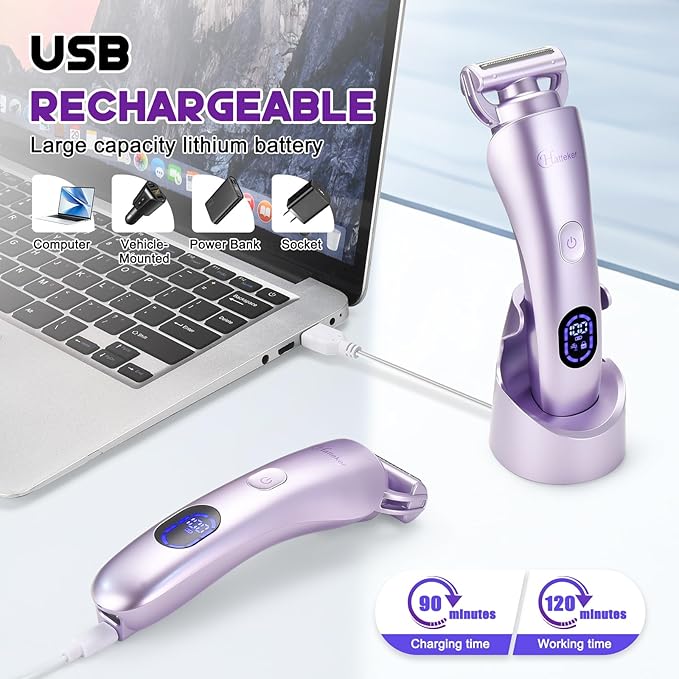 Hatteker Women's Electric Shaver Bikini Trimmer Hair Trimmer for Women LED Display Electric Razor for Legs Bikini Underarm Public Hairs Led Display IPX7 Waterproof Gift for Women (Purple)