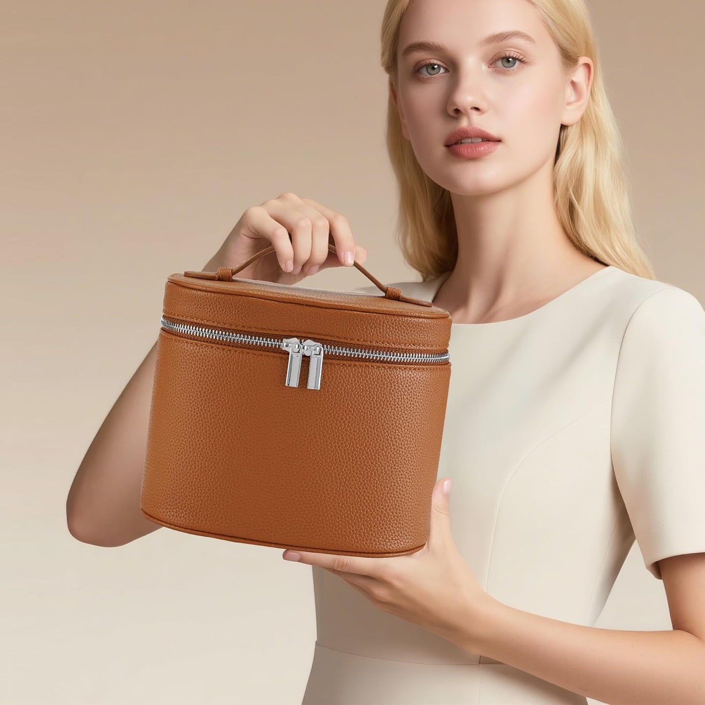 Makeup Bag Vanity Case Cosmetic Bag with Removable Divider Travel Toiletry Bag for Women Portable Make up Box Organizer, Brown