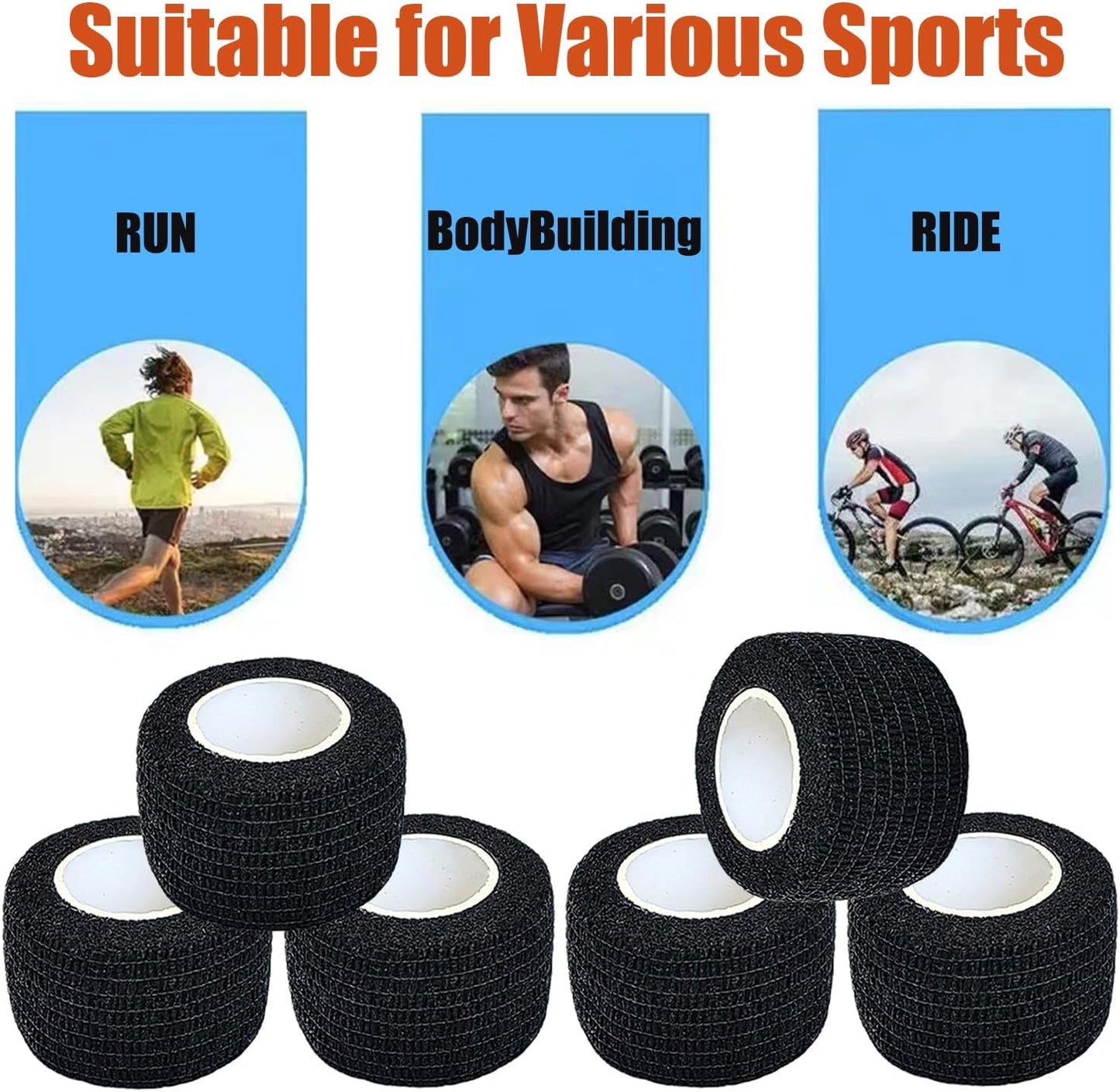 Hysiwen 6 Pack 1" x 5 Yards Self Adhesive Bandage Breathable Cohesive Wrap Self Adherent Vet Tape Self Stick Bandage Wrap for Sports, Athletic, Wrist, Ankle(Black)