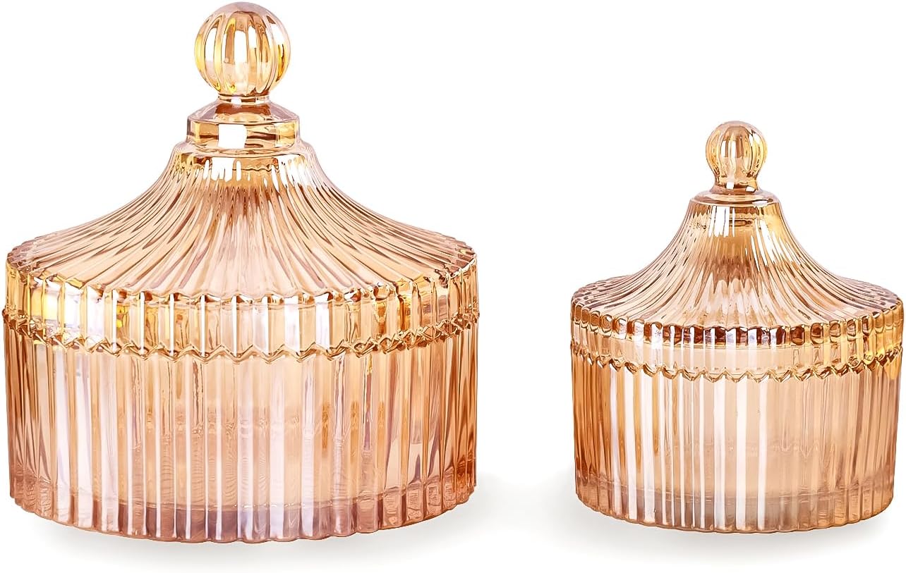 R FLORY 2 Pack Qtip Holder Apothecary Jars with Lids Glass Q Tip Holder for Bathroom Set Decorative Jars Crystal Bowl Jar Organizer for Cotton Swabs, Balls, Pads, Floss Picks (Amber,10+24oz)